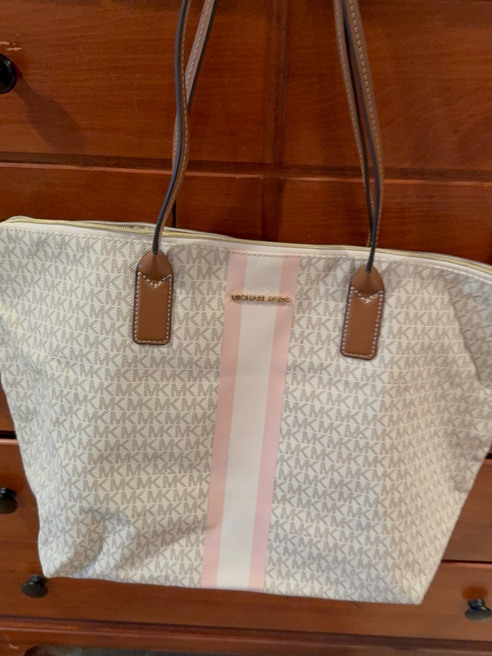 Michael Kors Cream & Pink Stripe Signature Tote